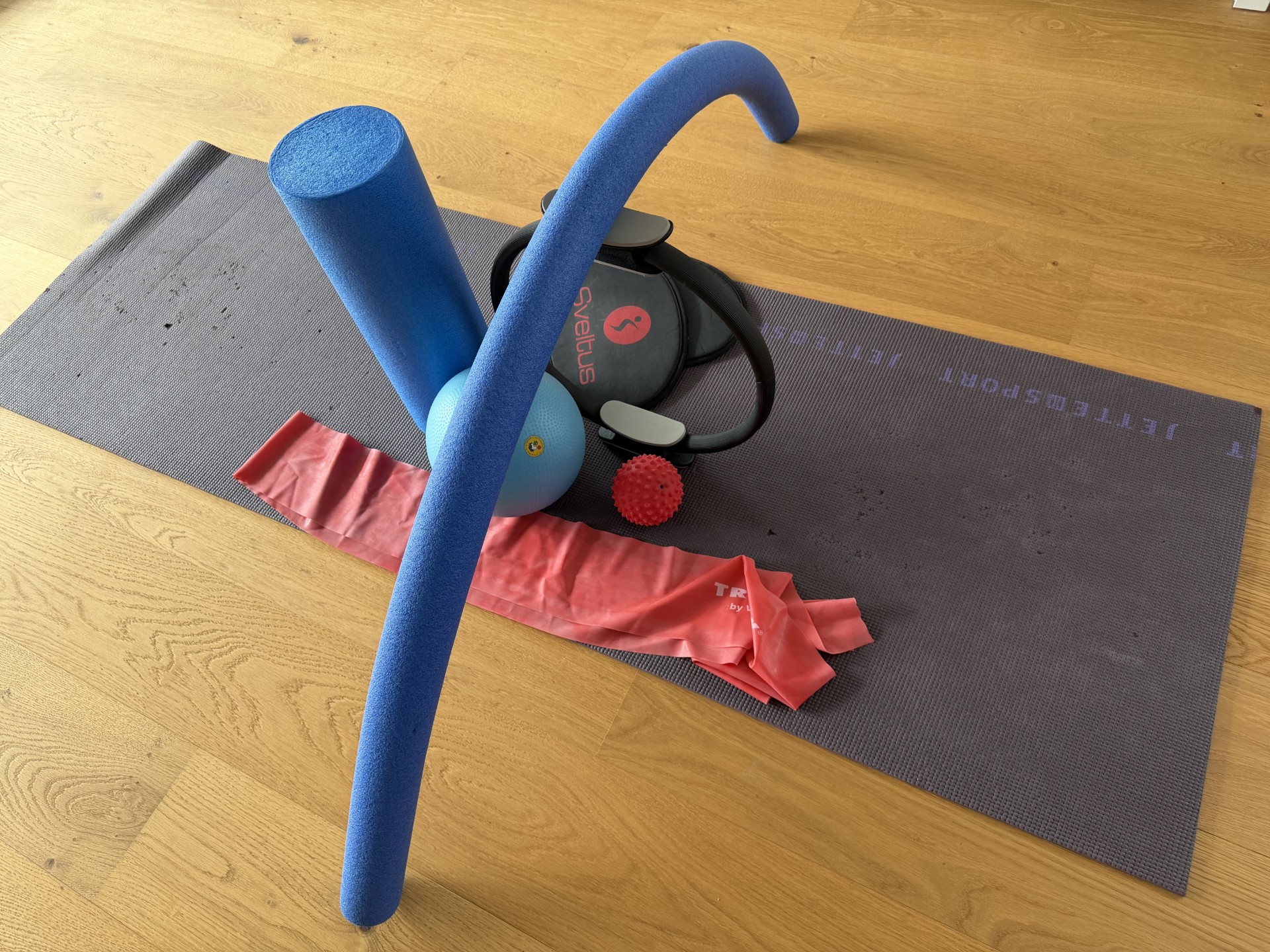 bungsmatte mit Faszienrolle, Pool-Nudel, Pilates-Ring, Ball und Theraband